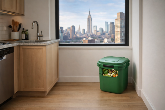 New York City apartment kitchen separating organic waste in compost bin under sink in compliance with NYC food waste separation law