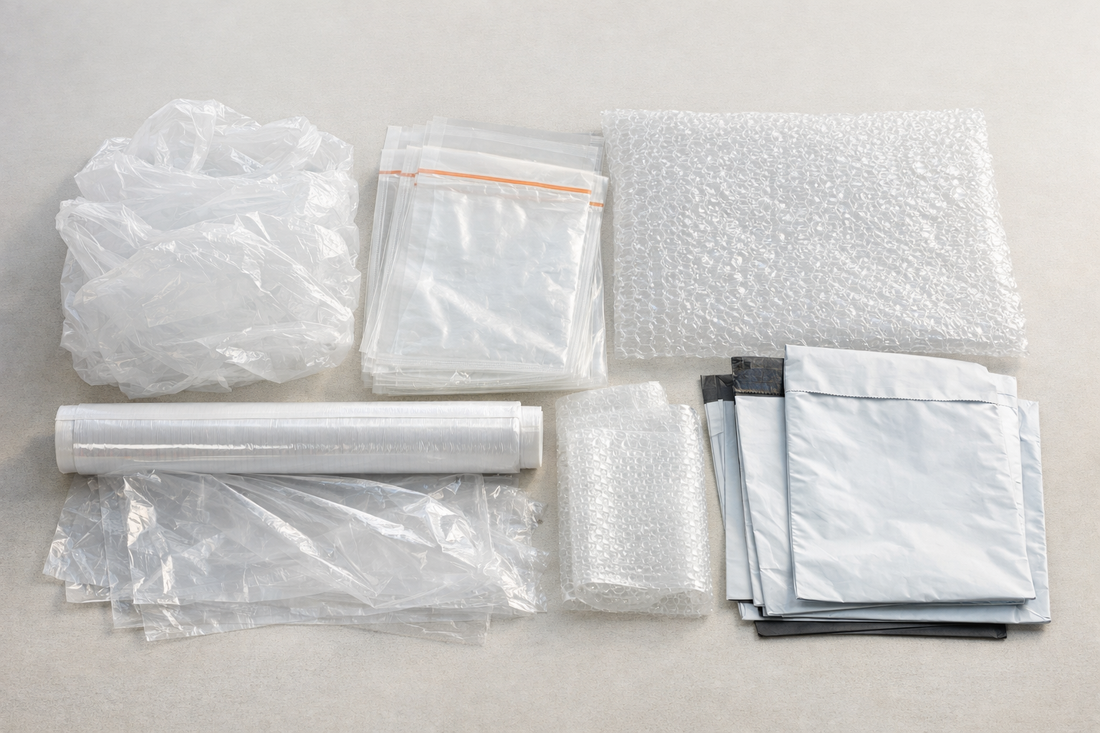 Clean collection of soft plastic waste prepared for recycling, including plastic bags, film wrap, bubble wrap, and plastic mailers