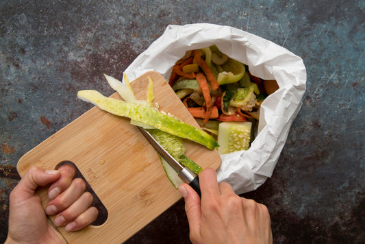 Food scraps prepared for indoor composting in an apartment kitchen